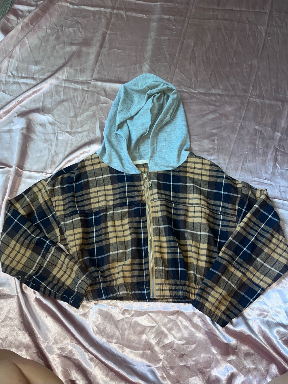 Altar'd State Tan and Navy Plaid Hooded Utility Jacket